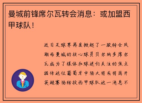 曼城前锋席尔瓦转会消息：或加盟西甲球队！