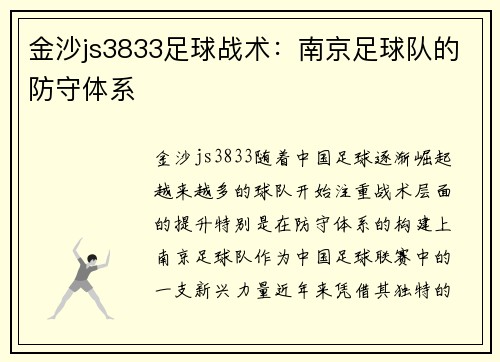 金沙js3833足球战术：南京足球队的防守体系