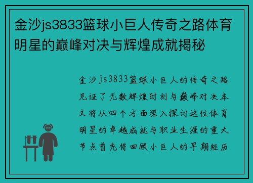 金沙js3833篮球小巨人传奇之路体育明星的巅峰对决与辉煌成就揭秘